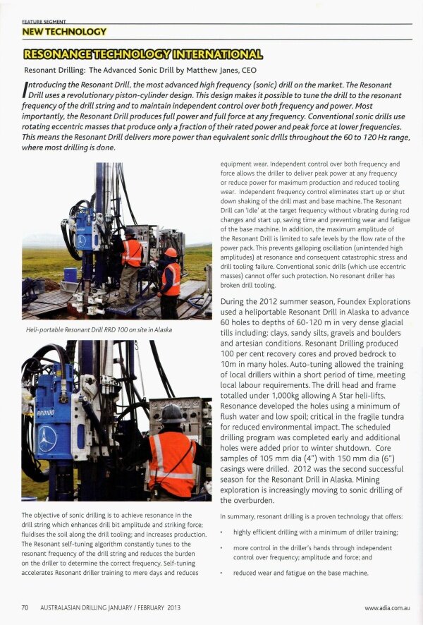 The Advanced Sonic Drill, by Matthew Janes and published in Australasian Drilling (Jan/Feb 2013)